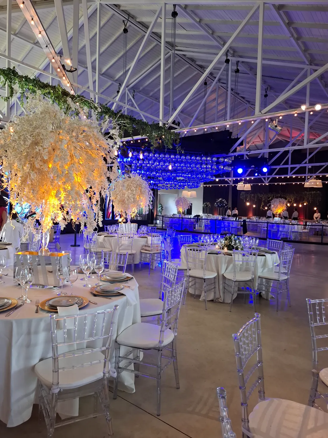 Mesas con sillas de cristal y árboles de flores blancas